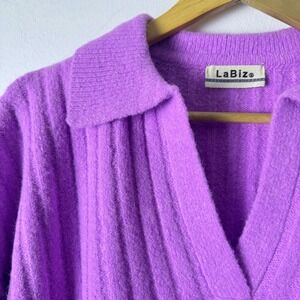 LaBiz Lavender Purple Ribbed Knit Sweater V Neck Collar Alpaca Wool Blend XL